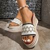 Women's Chunky-Soled Flip-Flops with Wavy Patterned Colorful Woven Straps and Round-Toe Straight-Cut Design