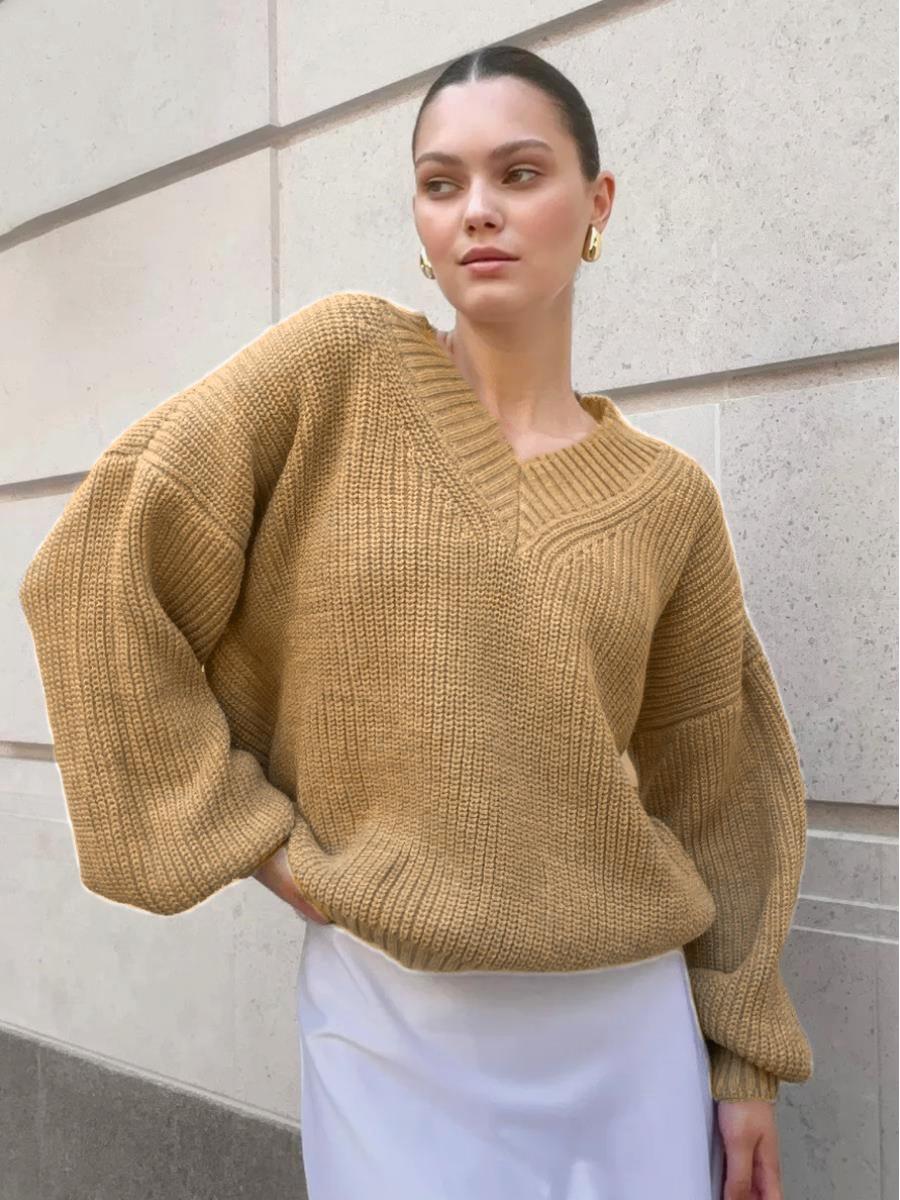 

2024 Women s V-neck Oversized Knit Sweater - Warm Cross-border Casual Pullover Knitwear Extra Large верблюд