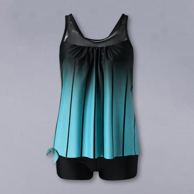 2Pcs/Set Tankini Set U-Neck Sleeveless Gradient Color Shirring Tops High Waist Swimming Shorts Set Split Swimsuit