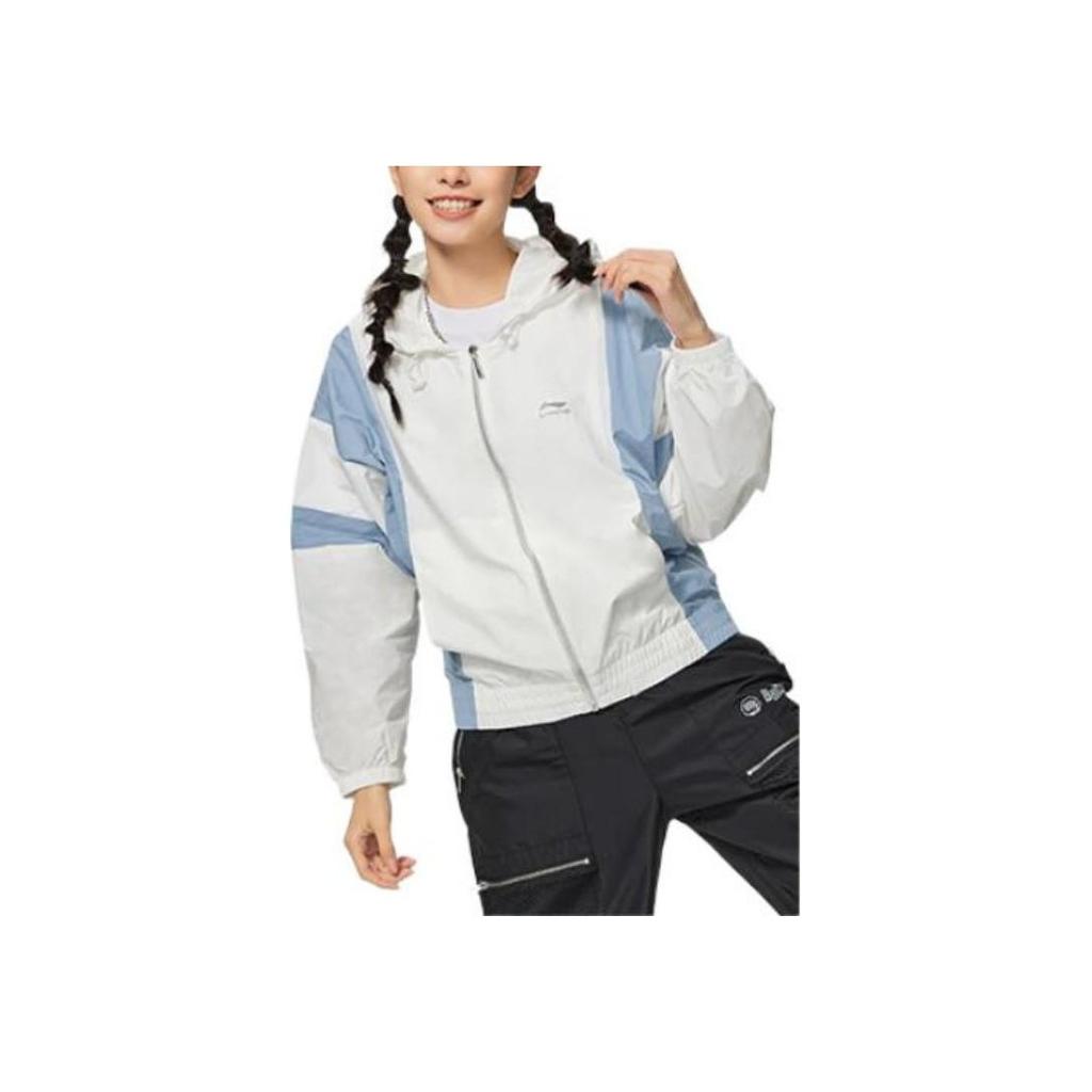 Li Ning Logo Embroidered Color Block Hooded Long Sleeve Jacket Women Jacket Blue AFDT532-1