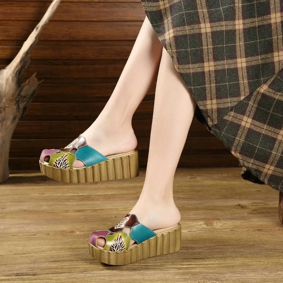 Fashion GKTINOO 2025 Wedge Slides Shoes Women Cover Toes High Heels Flower Sandals Summer Female Genuine Leather Platform Slippers