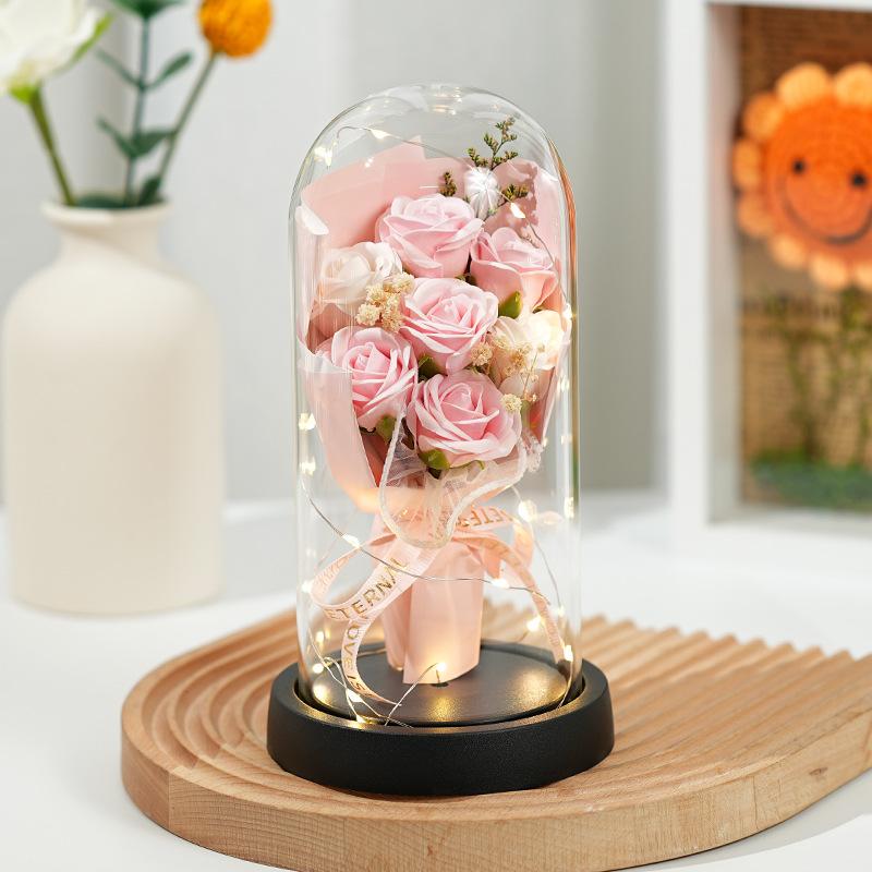 New Qixi Festival Valentine's Day Gift Rose Lantern Glass Cover Immortal Flowers Dried Flowers Bouquet Teachers' Day Carnation Ornament