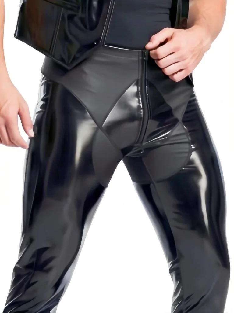 Fashion Men Pu Elastic Pants Latex Double Side Wear Men'S Pencil Pants Stage Dance Legging Slimming Tight Leg Pu Jeans Trousers