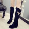 Autumn and Winter Velvet Medium and Long Boots High Heel Women's Suede Medium Boots Rhinestone Slope Heel Long Inner Height Increasing Women's Knig