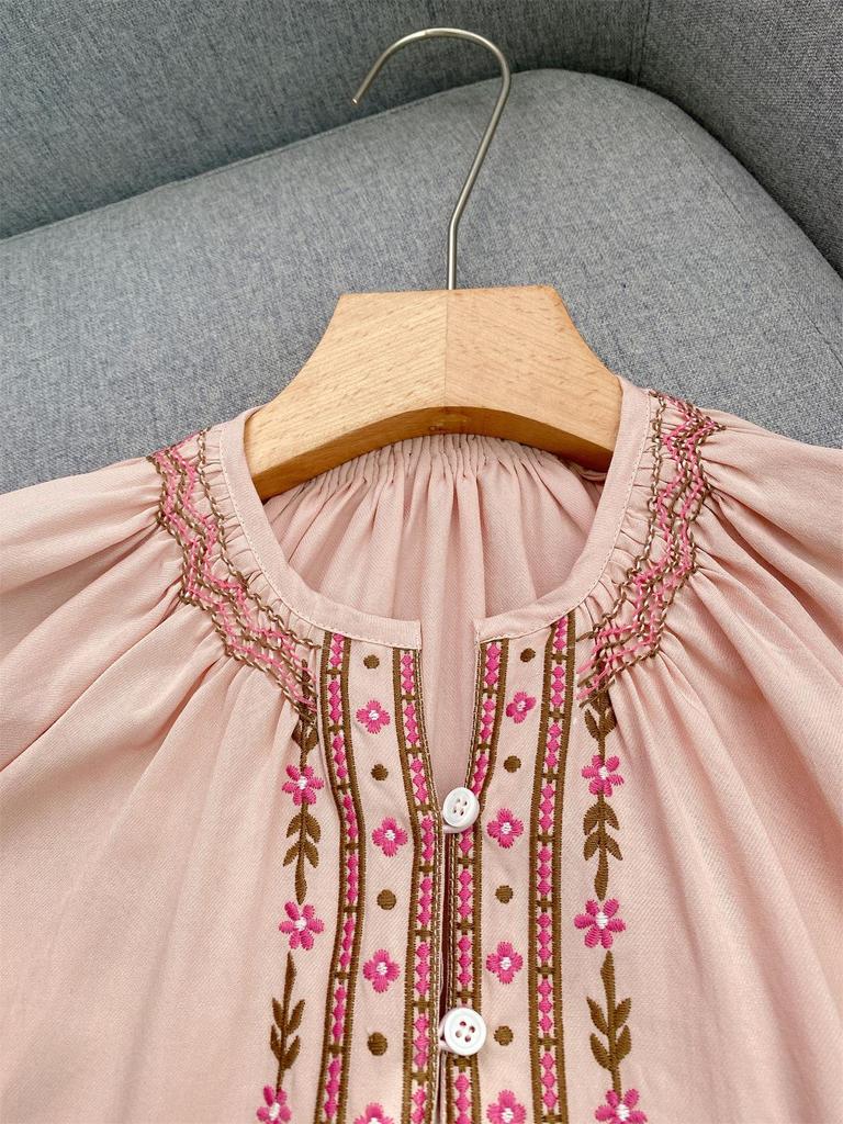 Elegant Ethnic Floral Embroidered Puff Sleeve Shirt for Women