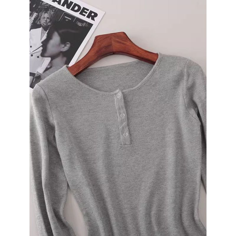 2025 Cotton Korean Style Round Neck Sheath Long Sleeve Dress Slim Fit Slimming Simple Light Gray Mid-Length Base Skirt