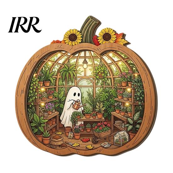Autumn Pumpkin Table Decor Halloween Ghost Wooden Tabletop Ornament, 2D Flat Cute Reading Bathing Fall Harvest Home Decoration Watering Plaque