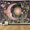 Sun and Moon Tapestry Vintage Bohemian Wall Hanging, Fantasy Dream of the Sun and Moon Shining Together Among Floral Vines, Polyester Tapestry Wall Ha