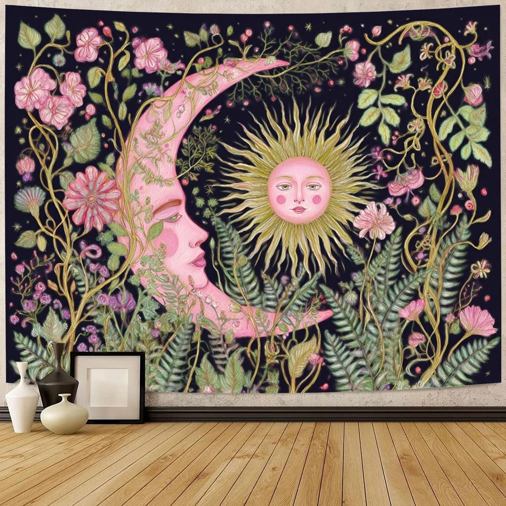 Sun and Moon Tapestry Vintage Bohemian Wall Hanging, Fantasy Dream of the Sun and Moon Shining Together Among Floral Vines, Polyester Tapestry Wall Ha