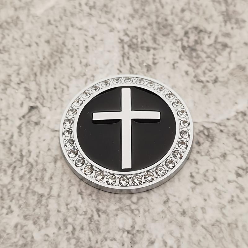 1pc of Car Modification Upgrade Metal Cross Emblem, 3D Three-Dimensional Cross with Artificial Diamond Inlay, Cross Car Sticker with Diamond Round Silver Biack
