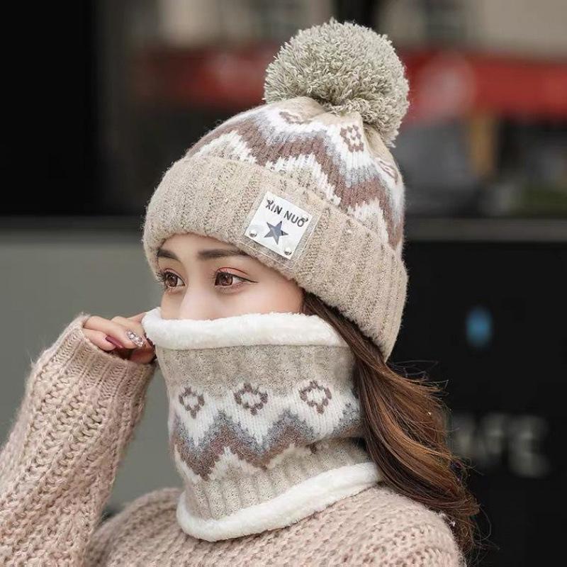 Hat Women's Autumn and Winter Casual Ear Protector Wool Hat Thickened Plush Warm Hairball Student Cycling Knitted Hat