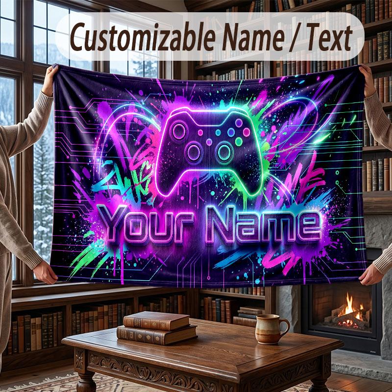 Game Controller Theme Throw Blanket Custom Name Text Personalized Blanket Soft Cozy Blanket for Home Sofa Bed