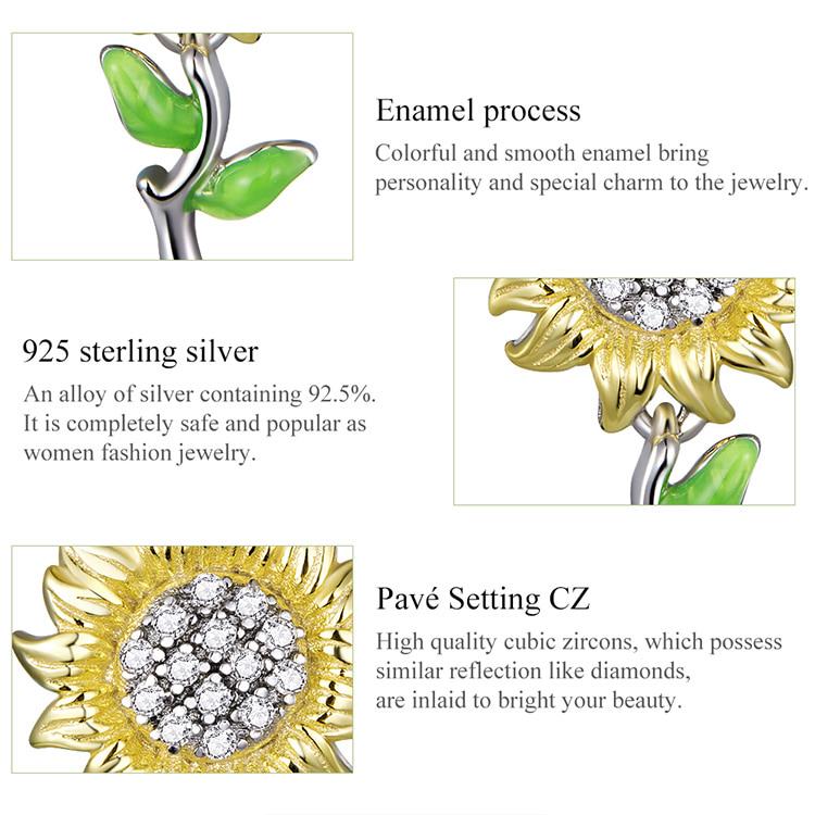 BAMOER Genuine 925 Sterling Silver Sunflower Stud Earring for Women Jewelry