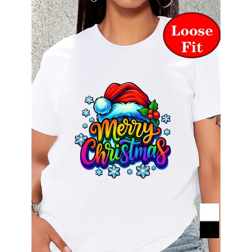 Merry Christmas, Holiday-themed Print, Crew Neck Short-sleeved T-shirt, Spring and Summer Casual Top