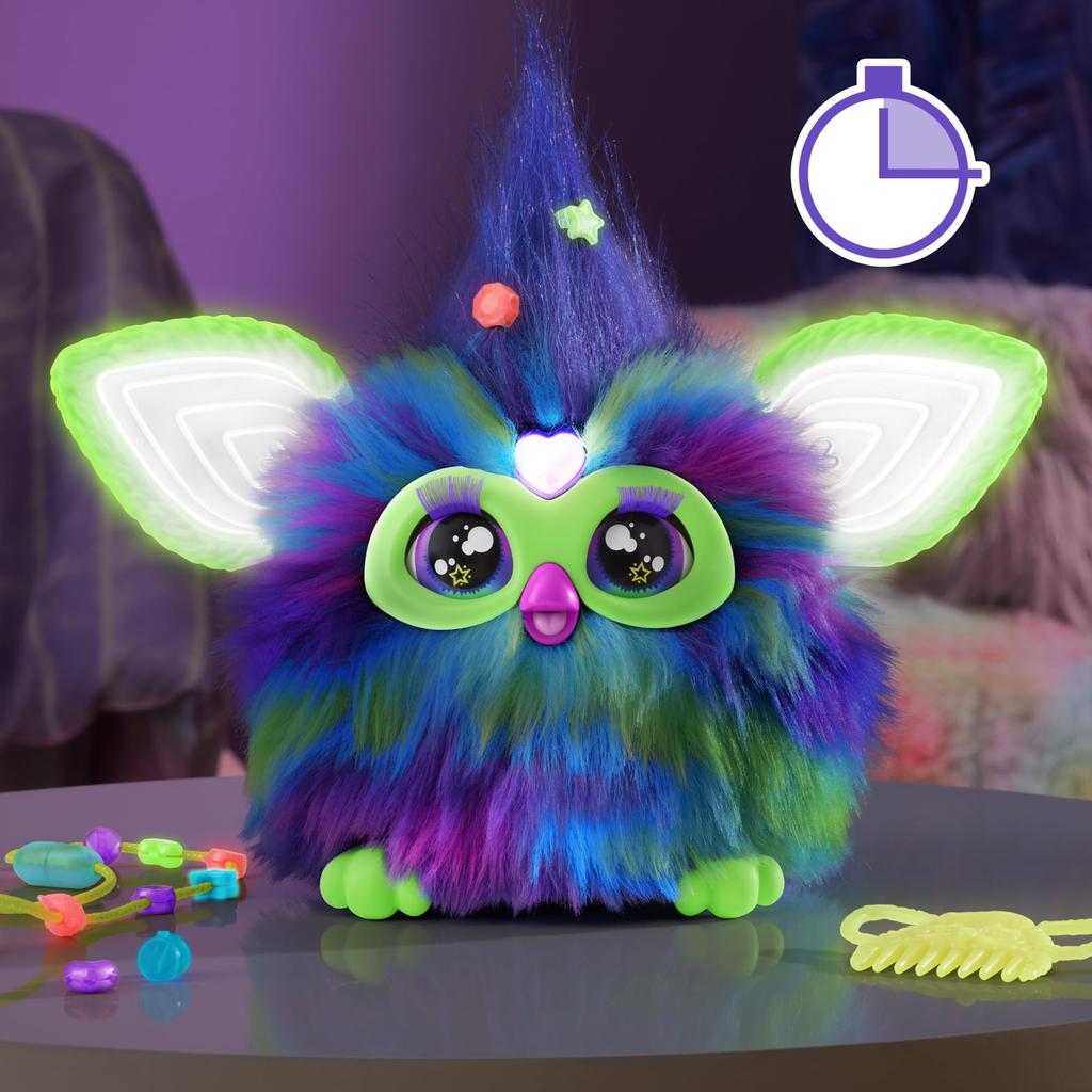 Hasbro Furby Aurora Interactive Toy for Boys and Girls Ages with 15 Fashion Motorized Plush Toy for Kids Authentic Glow-in-the-Dark, Voice-Activated