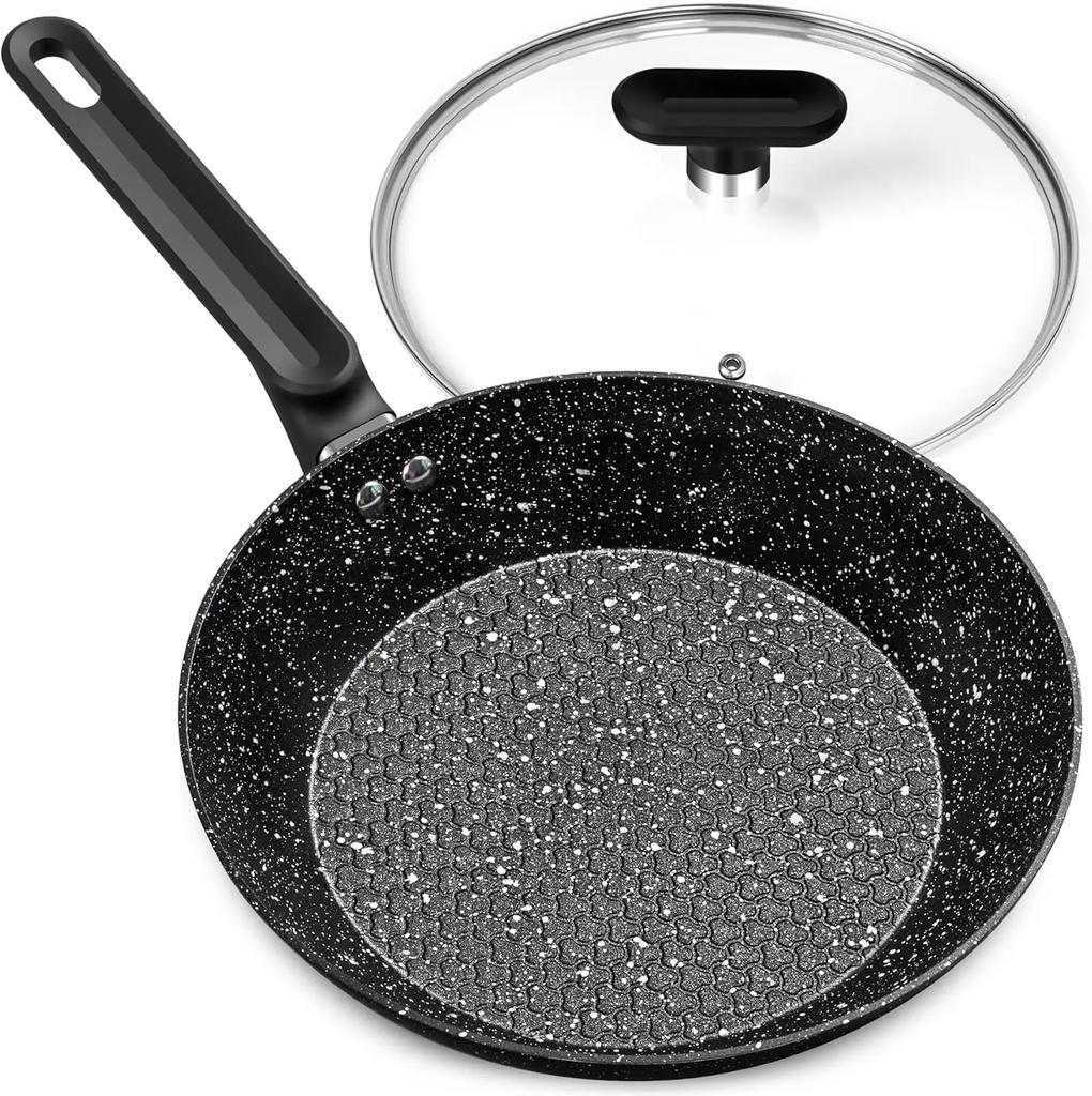 Frying Pan with Lid Nonstick Granite Frying Pan 10 Inch with Non-Toxic Coatings Nonstick Stone Skillet Nduction Compatible
