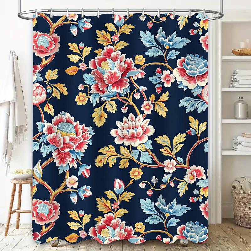Luxurious Floral Shower Curtain Dark Blue Background with Pink White Flowers Pattern Modern Bathroom Decor Waterproof Fabric for