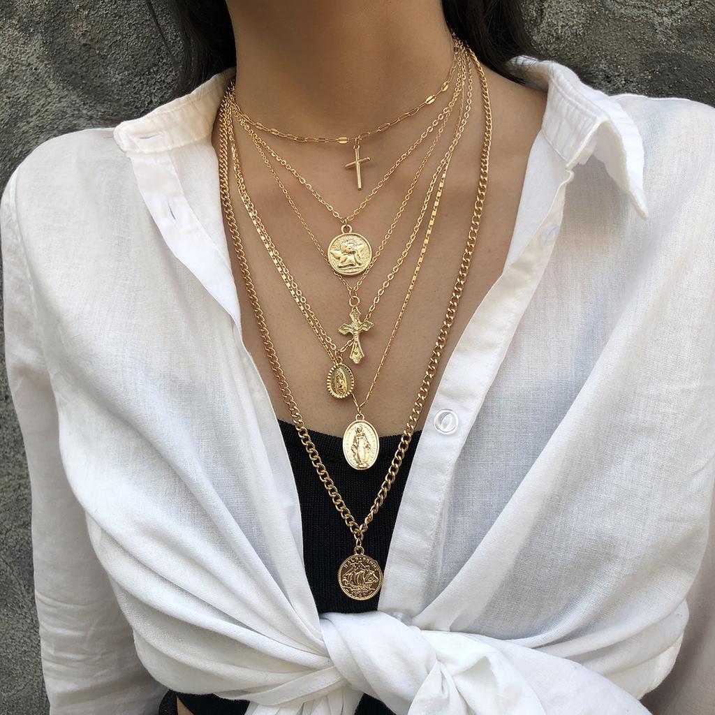 European and American Accessories, Personalized Geometric Cross Embossed Necklace, Exaggerated Retro Multi-layered Long Portrait Necklace