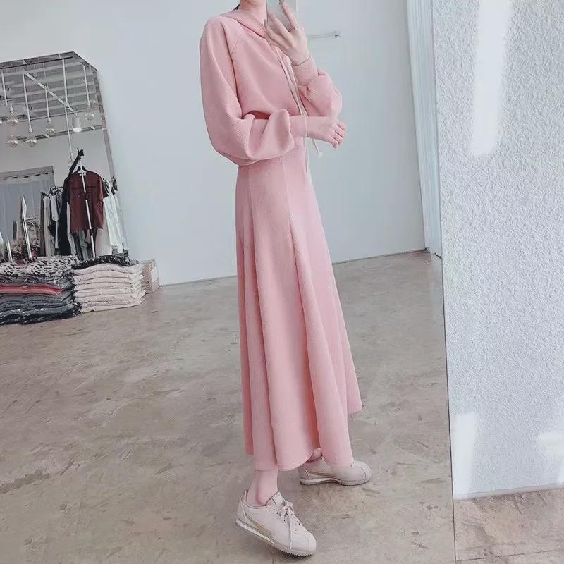 Damen Pinkes Rockkostüm 2025: Stilvoller Strickpullover mit Zopfmuster & Halblanger Rock - Frühling/Herbst/Winter Zweiteiler