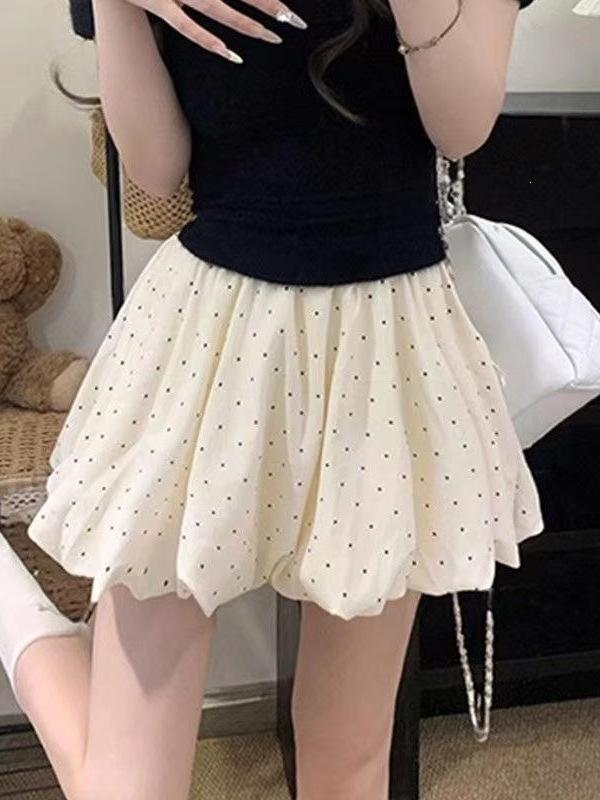 Apricot Polka Dot High-Waist Midi Skirt - Women's Summer 2026 A-Line Fluffy Textured Skirt