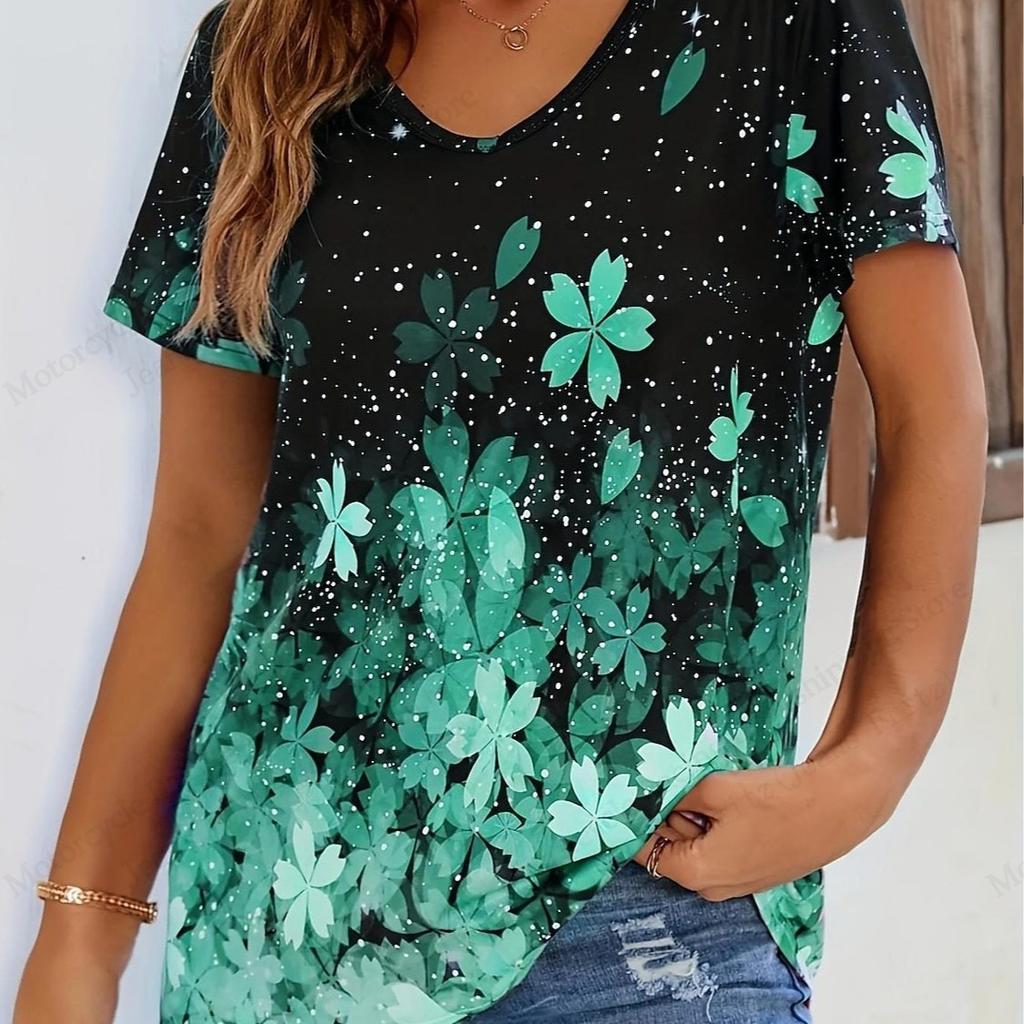 Summer V-neck 3D Petal Printed Top Fashionable Casual Short Sleeved Women's T-shirts