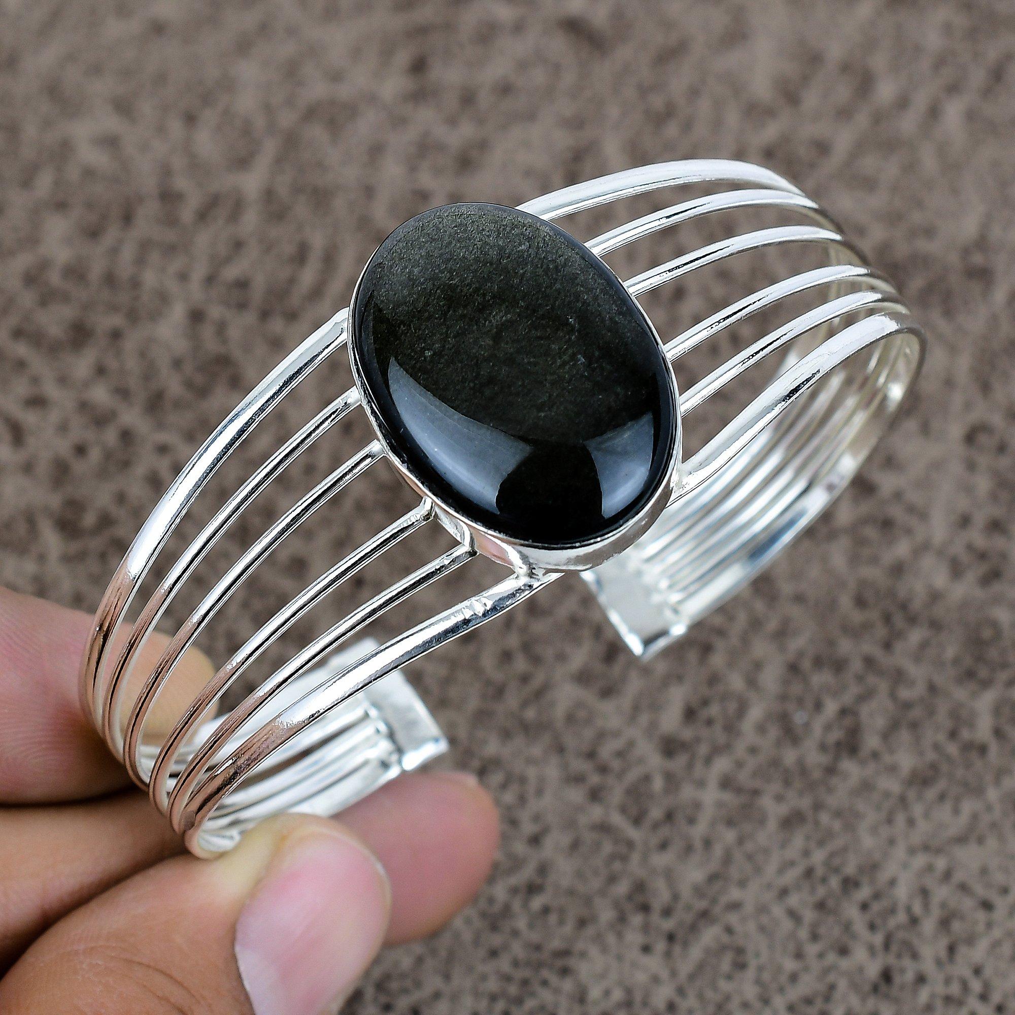 

Silver Sheen Obsidian Gemstone 925 Sterling Silver Cuff Bangle Adjustable KKG-229