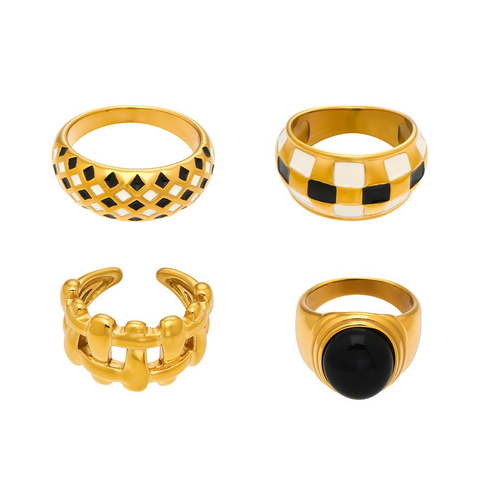 Anello smaltato a quadri europeo: Acciaio Inossidabile Placcato Oro 18K, Stile Lusso Leggero