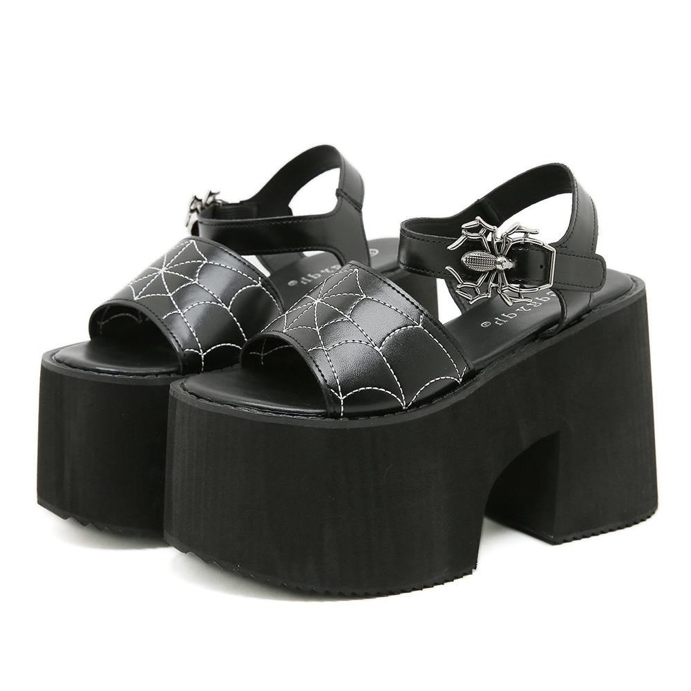 

Gdgydh Platform Sandals Punk Style Spider Web Embroidery Cosplay Shoes Spider Buckle Women Summer Shoes Platform Wedge Heels 35 чёрный