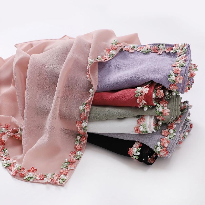 Chiffon small flower lace bead scarf Malaysian headscarf Hui gauze scarf female fresh and sweet square scarf
