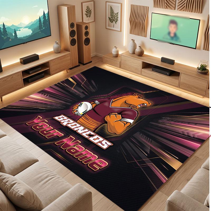 Brisbane Broncos Personalized Crystal Velvet Carpet, Customized Name Text Soft Anti‑Slip Rug for Living Room Bedroom