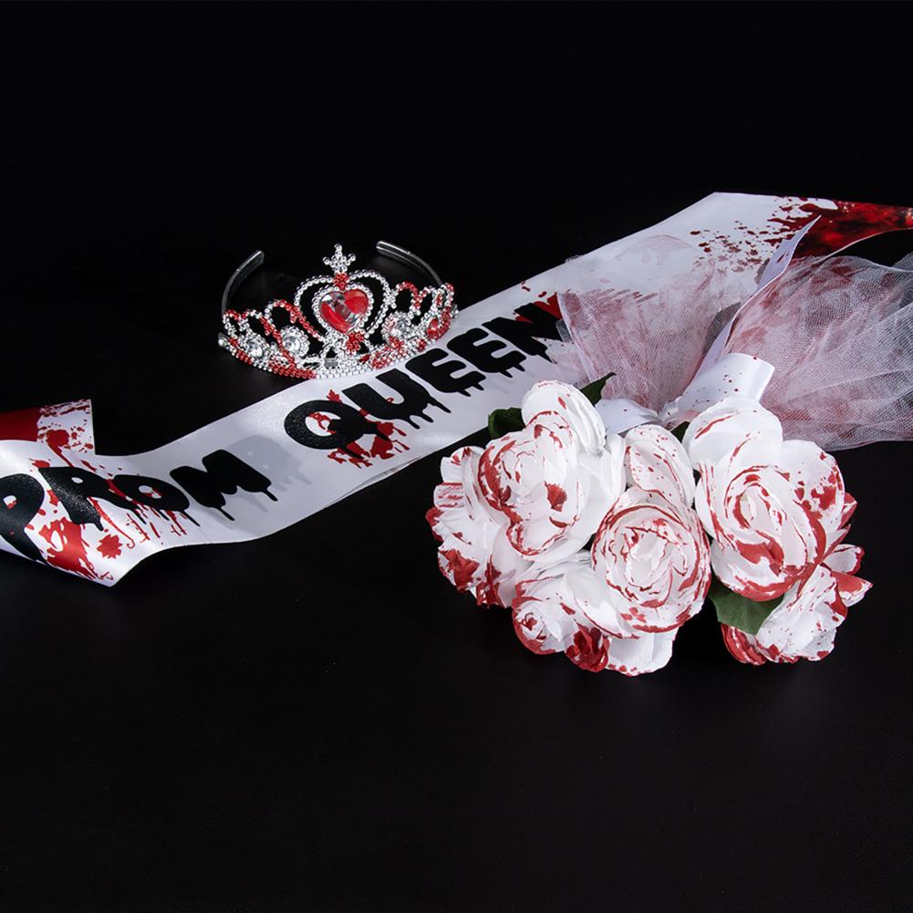 Halloween Kostüm Requisiten Gotische Hochzeitskleidung mit Brautstrauß und Krone Zombie Verkleidungszubehör für Partys Veranstaltungen
