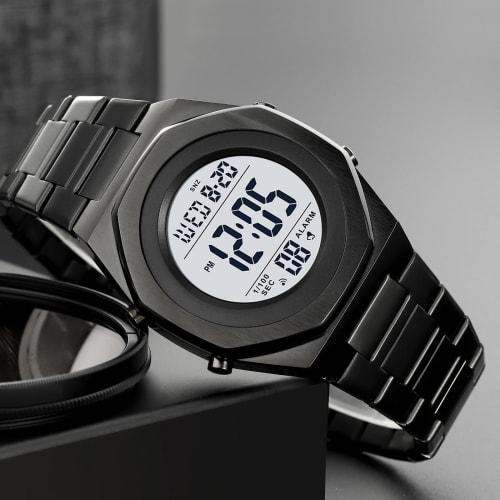 Zolohoni Men's Stainless Steel Digital Watch, Hexagonal Designer Watch with Alarm, Date Display, and Illumination, Waterproof, Black and White