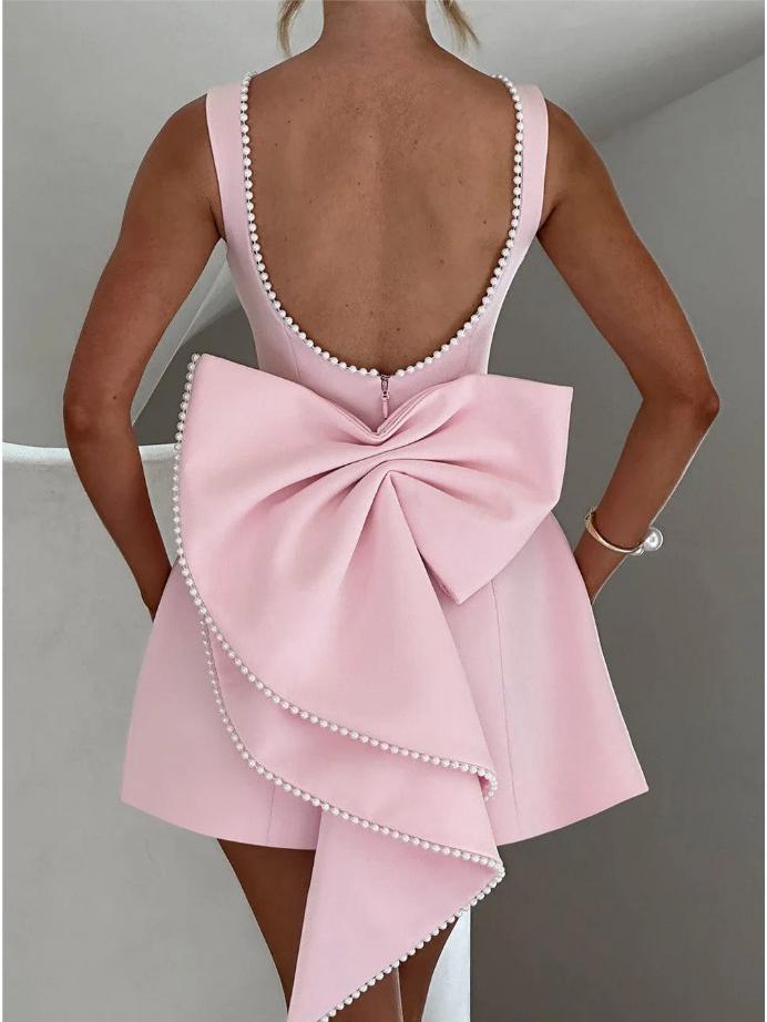 European & American Summer Women's Pearl Bow A-line Backless Dress