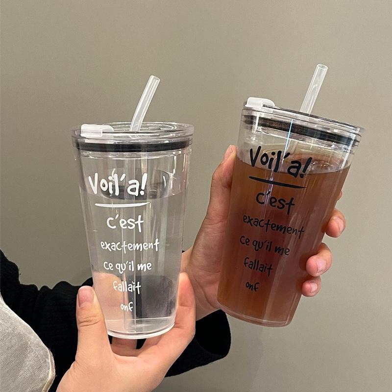 1PC Bow Printed Plastic Water Bottle with Straw and Lid Coffee Cup Tumbler Beverage Transparent Cold Drinks Beverage DrinkingCup