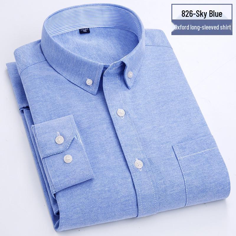 Men's Oxford Cloth Button-Down Shirt - All-Season, Long-Sleeved, Contrast Collar, Casual Cardigan Style for Middle-Aged and Elderly