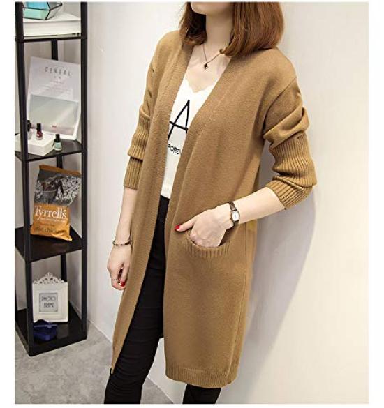 Kayiyasu Longa Tricô Macio Solta Tricô Casaco Tamanho Cáqui Feminino Cardigã, Suéter, Cardigã, Tecido, Caimento, Emagrecimento, Outono, Inverno, Primavera, Escritório, (Livre
