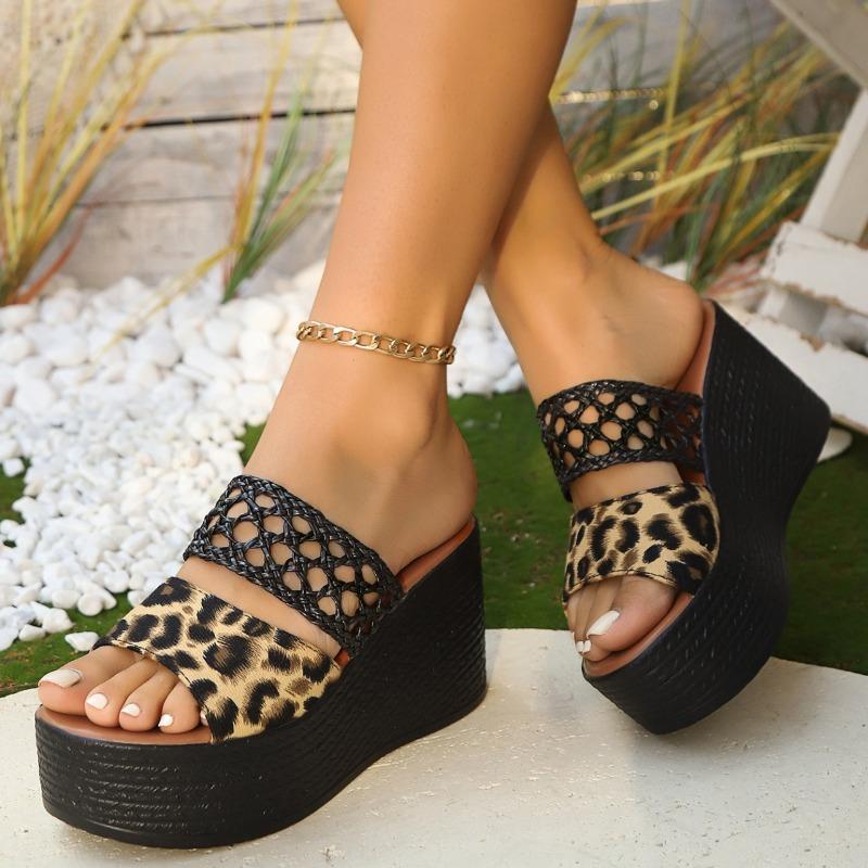 Ciabatte Zeppa da Donna Design Stampa Leopardo Ciabatte Estive Open Toe Tacchi Alti Ciabatte da Donna Sandali Zeppa Sandali Romani