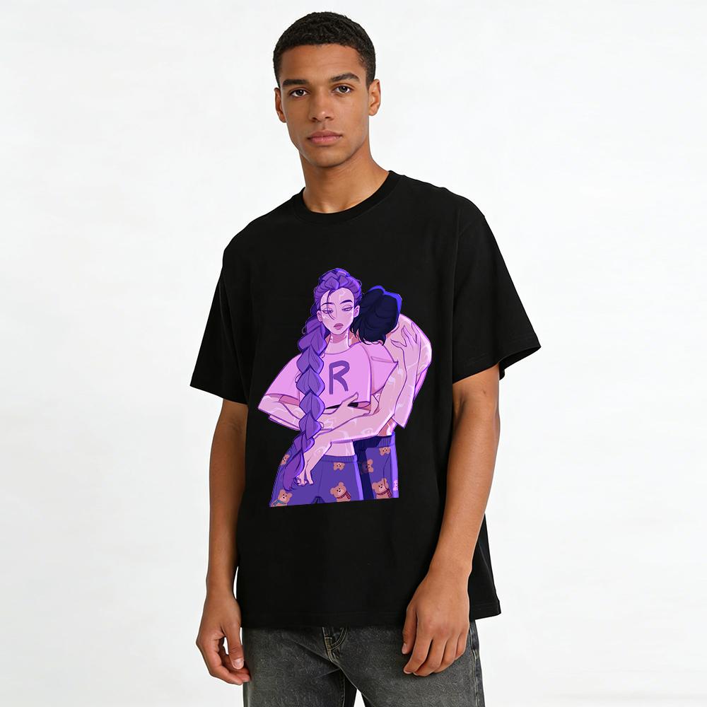 Trendiges handbemaltes Charakter-Umarmungs-Print-T-Shirt Unisex Lässiges lockeres Mode-Top Reines Baumwoll-T-Shirt