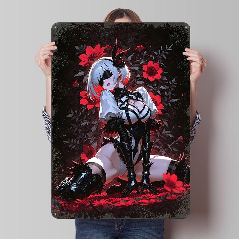 

Anime Girl in Red Floral Setting Tin Plaque Poster Customized Wall Art Retro Vintage Metal Signs for Man Cave Home Decorations 20x30cm（7.8x11.8inch）