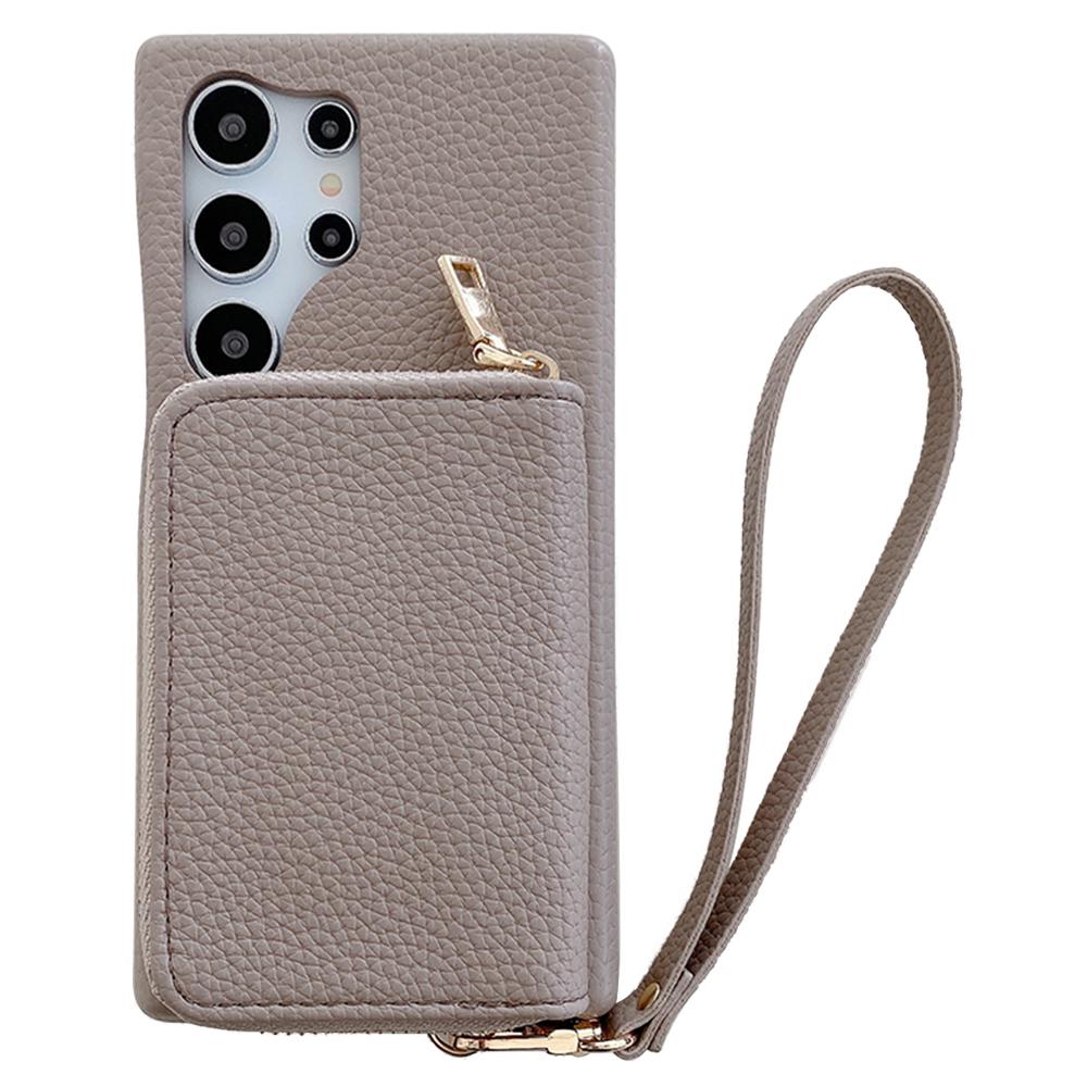 For Samsung Galaxy S23 Ultra Case Zipper Card Slots PU Leather Phone Back Cover with Wrist Strap