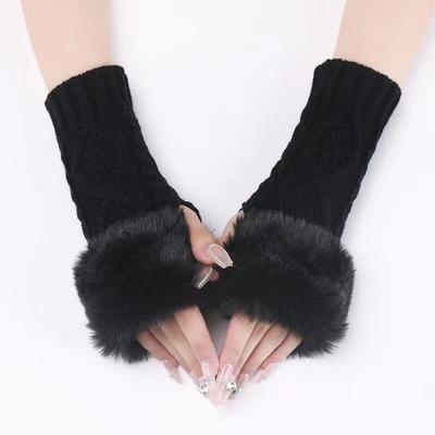 Damen Pelzige Warme Ärmel Handschuhe Herbst Winter Dame Faux Kaninchenfell Fingerlos Elastisch Gestrickte Hanf Fäustlinge