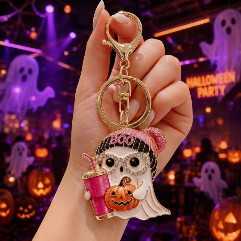 Spooky Halloween Keychain Sparkly Crystal Ghost Pendant Pink Knit Hat Pumpkin Design Backpack Charm Party Gift