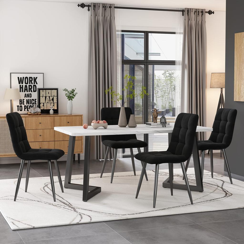 Dining Group: Rectangular Dining Table Marble Pattern + 4 Modern Upholstered Chairs with Backrest, Metal Frame, Velvet, Black & Grey