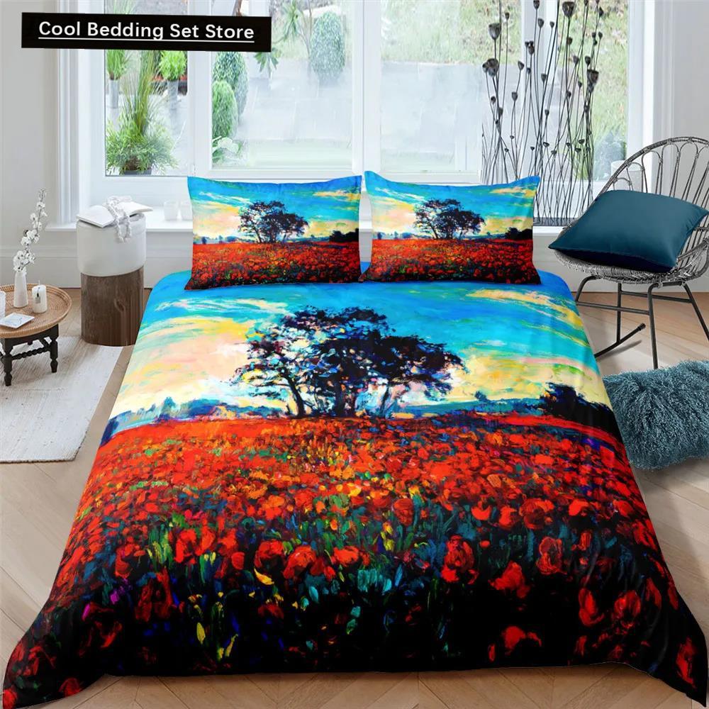 Comforter Oil Painting Landscape King Queen Natural Scenery Bedding Set Teen Adult Floral Ocean Building Polyester