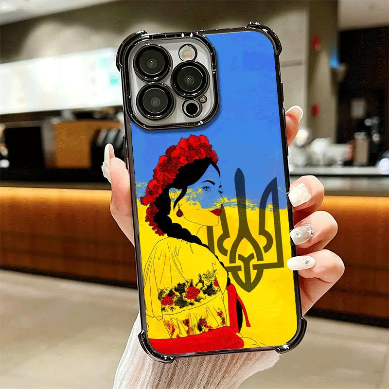 Blue Yellow Ukrainian Girl Plating Phone Case For Iphone 16 17 Pro Max Air 16E 14 15 Plus 12 13 Mini Anti-Fall Airabag Cover