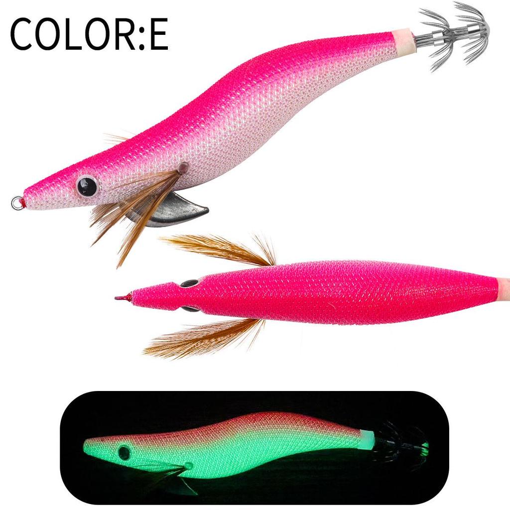 SQUID KING Luminous Wooden Shrimp Squid Hook - Sizes 2.5, 3.0, 3.5 with Rapid Current Lead Head & Rattle for Deep Water.