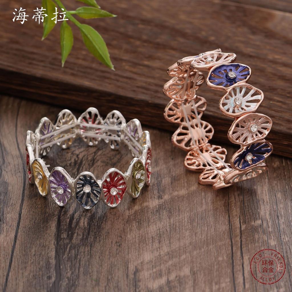 New oval petal splicing diamond bracelet, color painting oil women's high-end alloy elastic bracelet