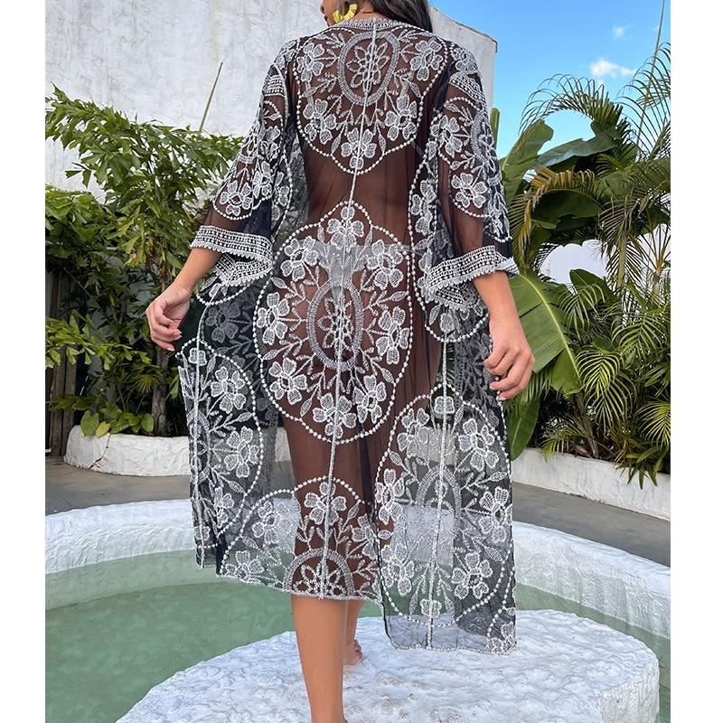Women's Summer Lace Embroidery Long Cardigan See Through Bikini Outer Beach Cover-ups