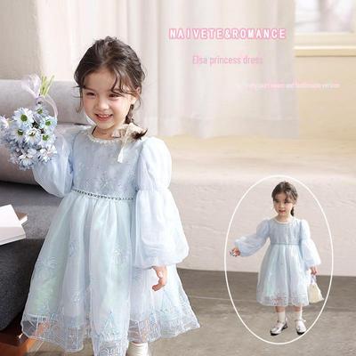 Elsa-inspiriertes Mädchen-Langarm-Prinzessinnenkleid mit Perlenkragen und Mesh-Rock
