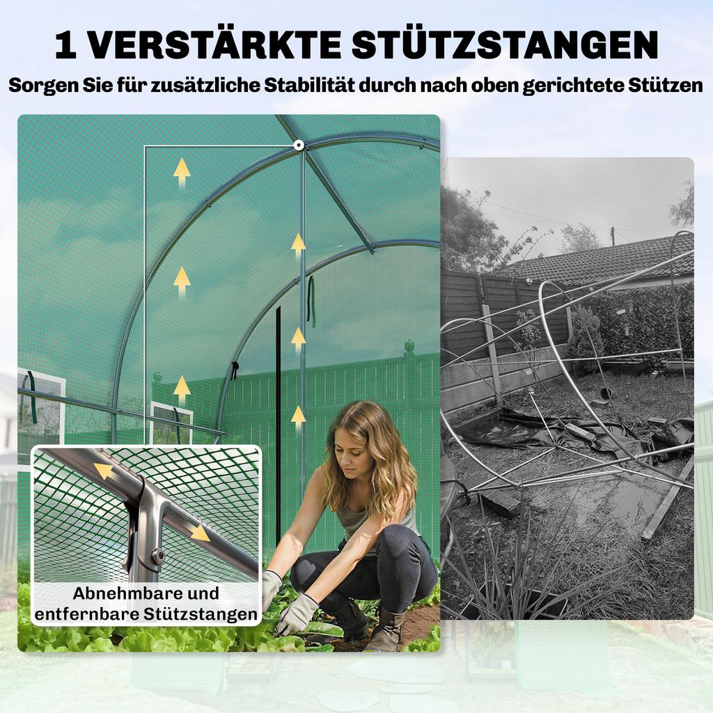 Greenhouse 3 X 2 X 2 M Poly Greenhouse with Roll-Up 2 Zipper Doors & 6 Mesh Windows Support Bars Green
